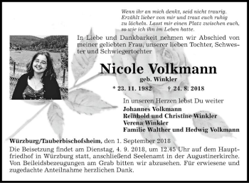 Traueranzeige von Nicole Volkmann von Fränkische Nachrichten