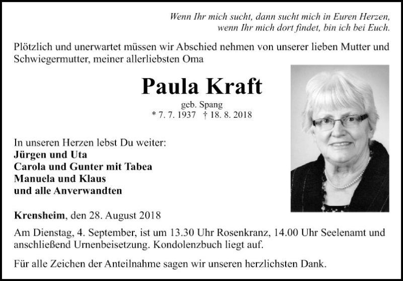  Traueranzeige für Paula Kraft vom 28.08.2018 aus Fränkische Nachrichten