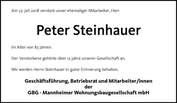 Traueranzeige von Peter Steinhauer von Mannheimer Morgen