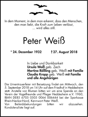 Traueranzeige von Peter Weiß von Mannheimer Morgen