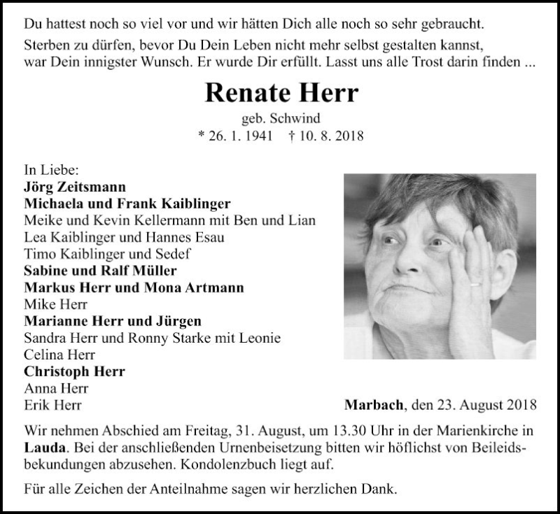  Traueranzeige für Renate Herr vom 23.08.2018 aus Fränkische Nachrichten