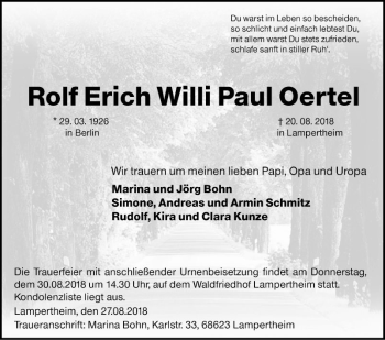 Traueranzeige von Rolf Erich Willi Paul Oertel von Südhessen Morgen