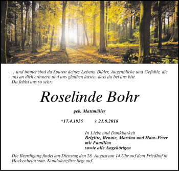 Traueranzeige von Roselinde Bohr von Schwetzinger Zeitung