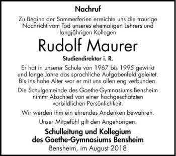 Traueranzeige von Rudolf Maurer von Bergsträßer Anzeiger