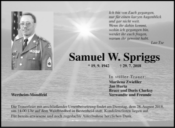 Traueranzeige von Samuel W. Spriggs von Fränkische Nachrichten