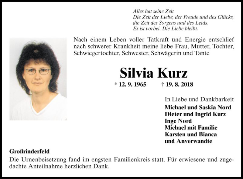  Traueranzeige für Silvia Kurz vom 24.08.2018 aus Fränkische Nachrichten