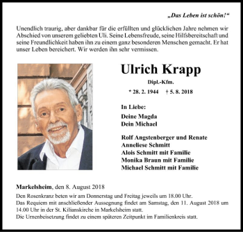 Traueranzeige von Ulrich Krapp von Fränkische Nachrichten