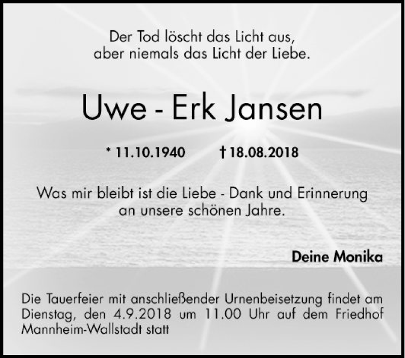  Traueranzeige für Uwe-Erk Jansen vom 25.08.2018 aus Mannheimer Morgen