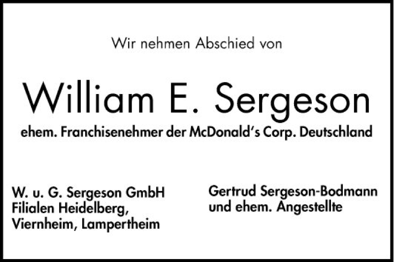  Traueranzeige für William E. Sergeson vom 23.08.2018 aus Südhessen Morgen