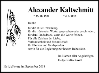 Traueranzeige von Alexander Kaltschmitt von Schwetzinger Zeitung