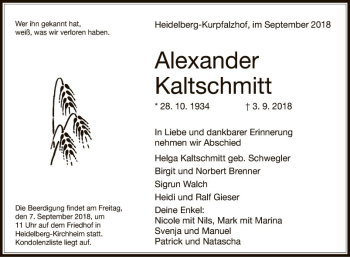 Traueranzeige von Alexander Kaltschmitt von Schwetzinger Zeitung