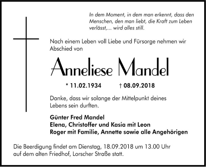 Traueranzeige für Anneliese Mandel vom 15.09.2018 aus Südhessen Morgen