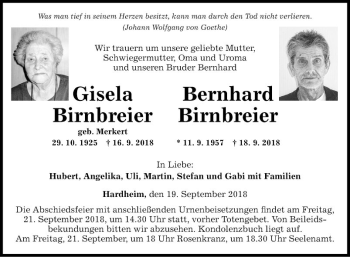 Traueranzeige von Bernhard Birnbreier von Fränkische Nachrichten