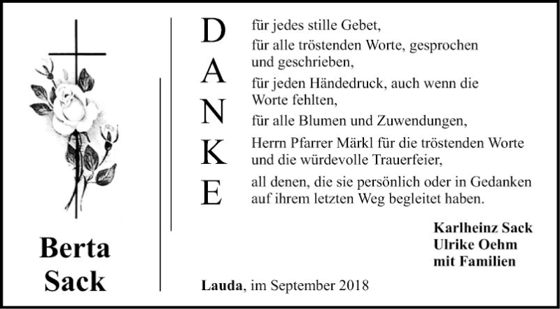  Traueranzeige für Berta Sack vom 22.09.2018 aus Fränkische Nachrichten
