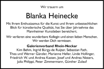 Traueranzeige von Blanka Heinecke von Mannheimer Morgen