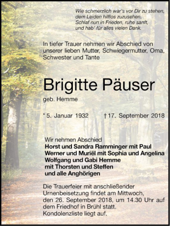 Traueranzeige von Brigitte Päuser von Mannheimer Morgen