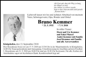 Traueranzeige von Bruno Kemmer von Fränkische Nachrichten