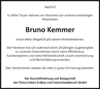 Traueranzeige von Bruno Kemmer von Fränkische Nachrichten