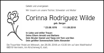 Traueranzeige von Corinna  Rodriguez Wilde von Mannheimer Morgen
