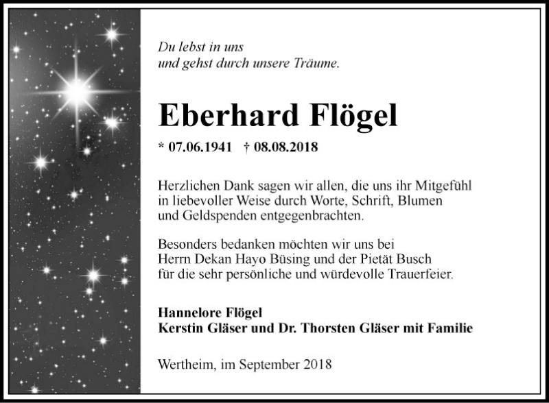  Traueranzeige für Eberhard Flögel vom 08.09.2018 aus Fränkische Nachrichten