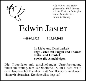 Traueranzeige von Edwin Jaster von Mannheimer Morgen