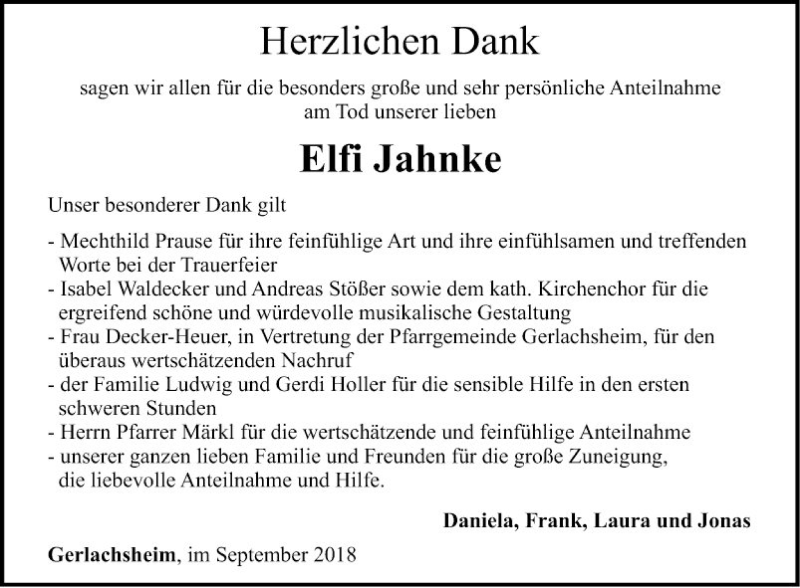  Traueranzeige für Elfi Jahnke vom 15.09.2018 aus Fränkische Nachrichten