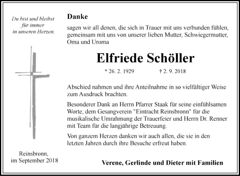  Traueranzeige für Elfriede Schöller vom 22.09.2018 aus Fränkische Nachrichten
