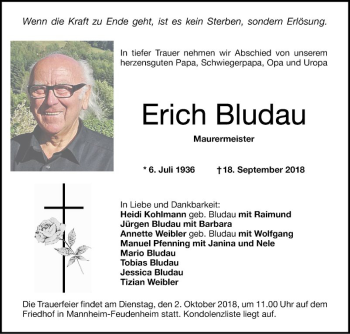 Traueranzeige von Erich Bludau von Mannheimer Morgen