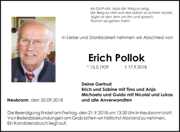 Traueranzeige von Erich Pollok von Fränkische Nachrichten