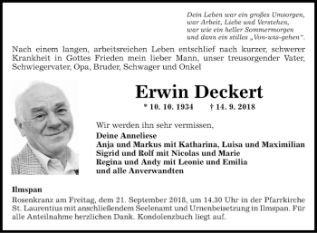 Traueranzeige von Erwin Deckert von Fränkische Nachrichten
