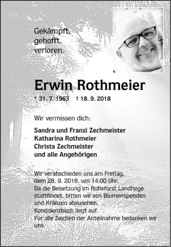 Traueranzeige von Erwin Rothmeier von Fränkische Nachrichten