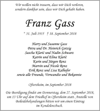 Traueranzeige von Franz Gass von Schwetzinger Zeitung