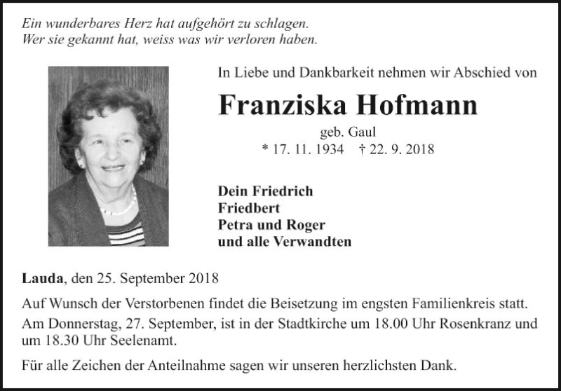  Traueranzeige für Franziska Hofmann vom 25.09.2018 aus Fränkische Nachrichten