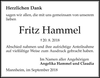 Traueranzeige von Fritz Hammel von Mannheimer Morgen