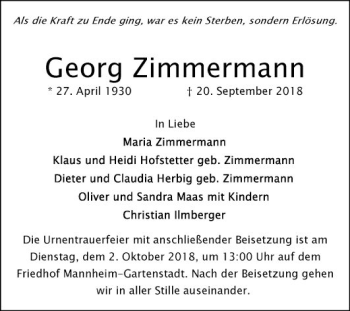 Traueranzeige von Georg Zimmermann von Mannheimer Morgen