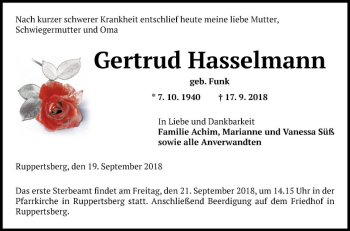 Traueranzeige von Gertrud Haselmann von Mannheimer Morgen