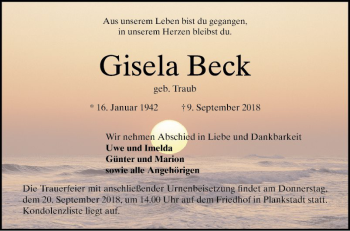 Traueranzeige von Gisela Beck von Schwetzinger Zeitung