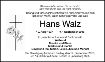 Traueranzeige von Hans Walz von Mannheimer Morgen