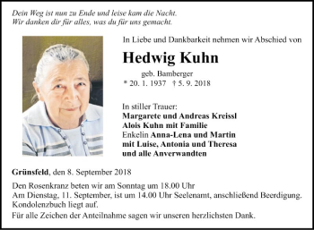 Traueranzeige von Hedwig Kuhn von Fränkische Nachrichten