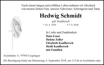 Traueranzeige von Hedwig Schmidt von Fränkische Nachrichten