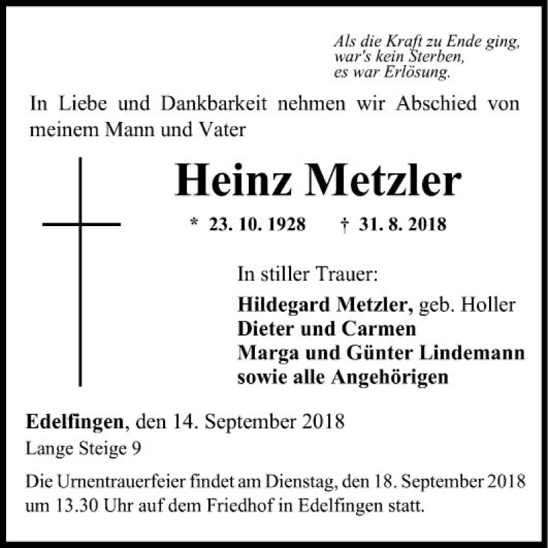  Traueranzeige für Heinz Metzler vom 14.09.2018 aus Fränkische Nachrichten