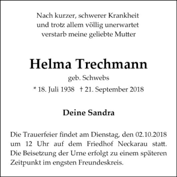 Traueranzeige von Helma Trechmann von Mannheimer Morgen