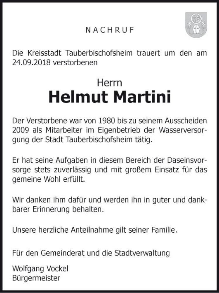  Traueranzeige für Helmut Martini vom 29.09.2018 aus Fränkische Nachrichten