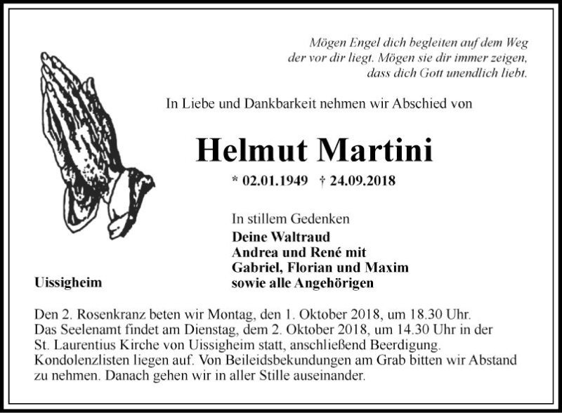  Traueranzeige für Helmut Martini vom 29.09.2018 aus Fränkische Nachrichten
