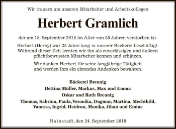 Traueranzeige von Herbert Gramlich von Fränkische Nachrichten