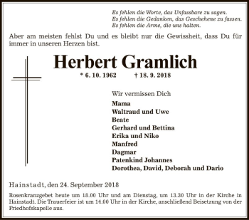 Traueranzeige von Herbert Gramlich von Fränkische Nachrichten