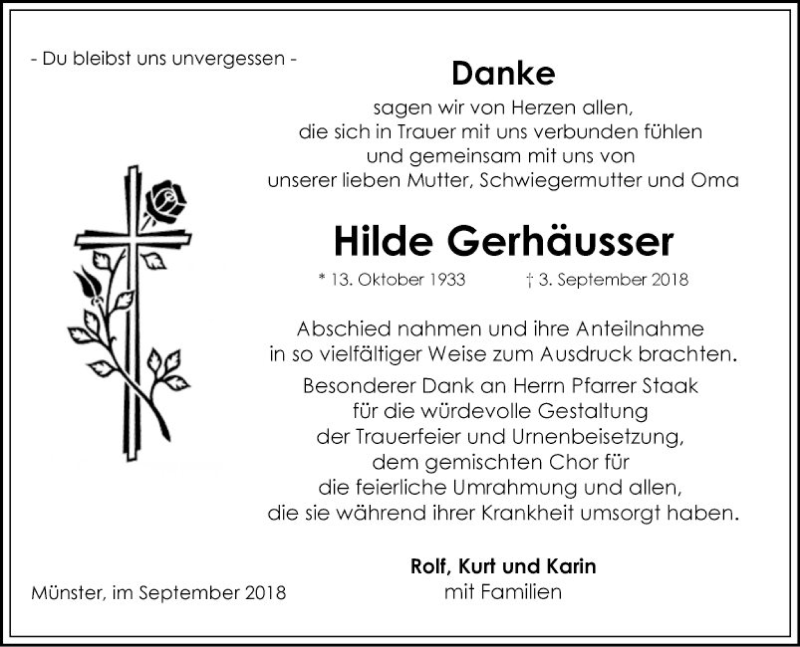  Traueranzeige für Hilde Gerhäusser vom 19.09.2018 aus Fränkische Nachrichten