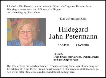 Traueranzeige von Hildegard Jahn-Petermann von Schwetzinger Zeitung