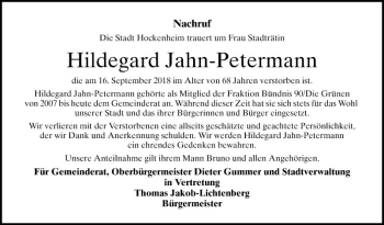 Traueranzeige von Hildegard Jahn-Petermann von Schwetzinger Zeitung