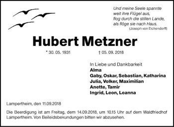 Traueranzeige von Hubert Metzner von Südhessen Morgen